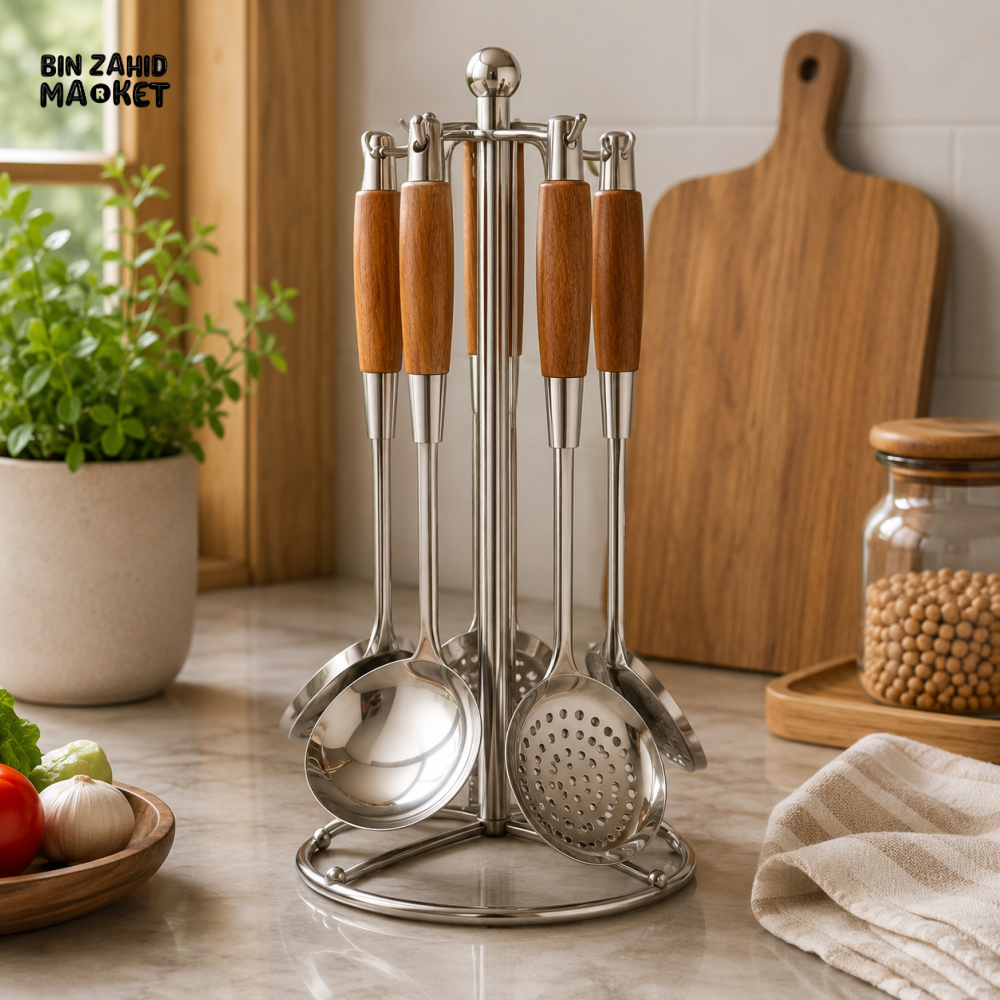 STEEL KITCHEN TOOL SET 7’S WOOD HEAVY - Home Utility Accessories