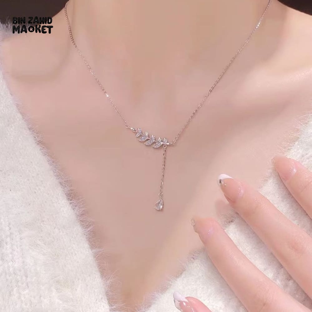 STERLING SILVER LEAVES ZIRCON PENDANT NECKLACE FOR WOMEN FASHION JEWELRY GIFT