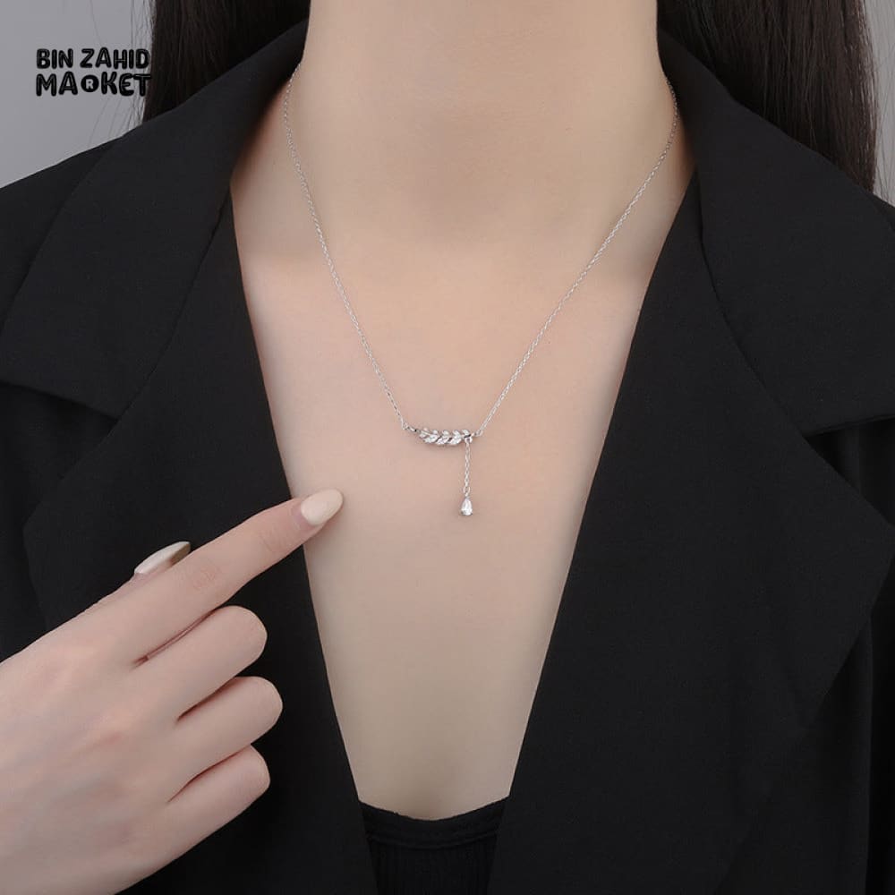 STERLING SILVER LEAVES ZIRCON PENDANT NECKLACE FOR WOMEN FASHION JEWELRY GIFT