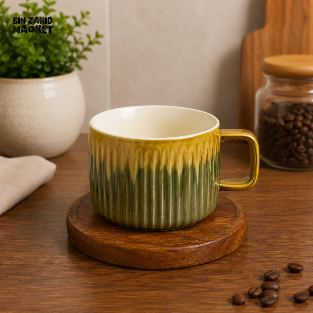 STONE CUP WITH WOODEN SAUCER SET - 6 PIECE - Cups & Saucers
