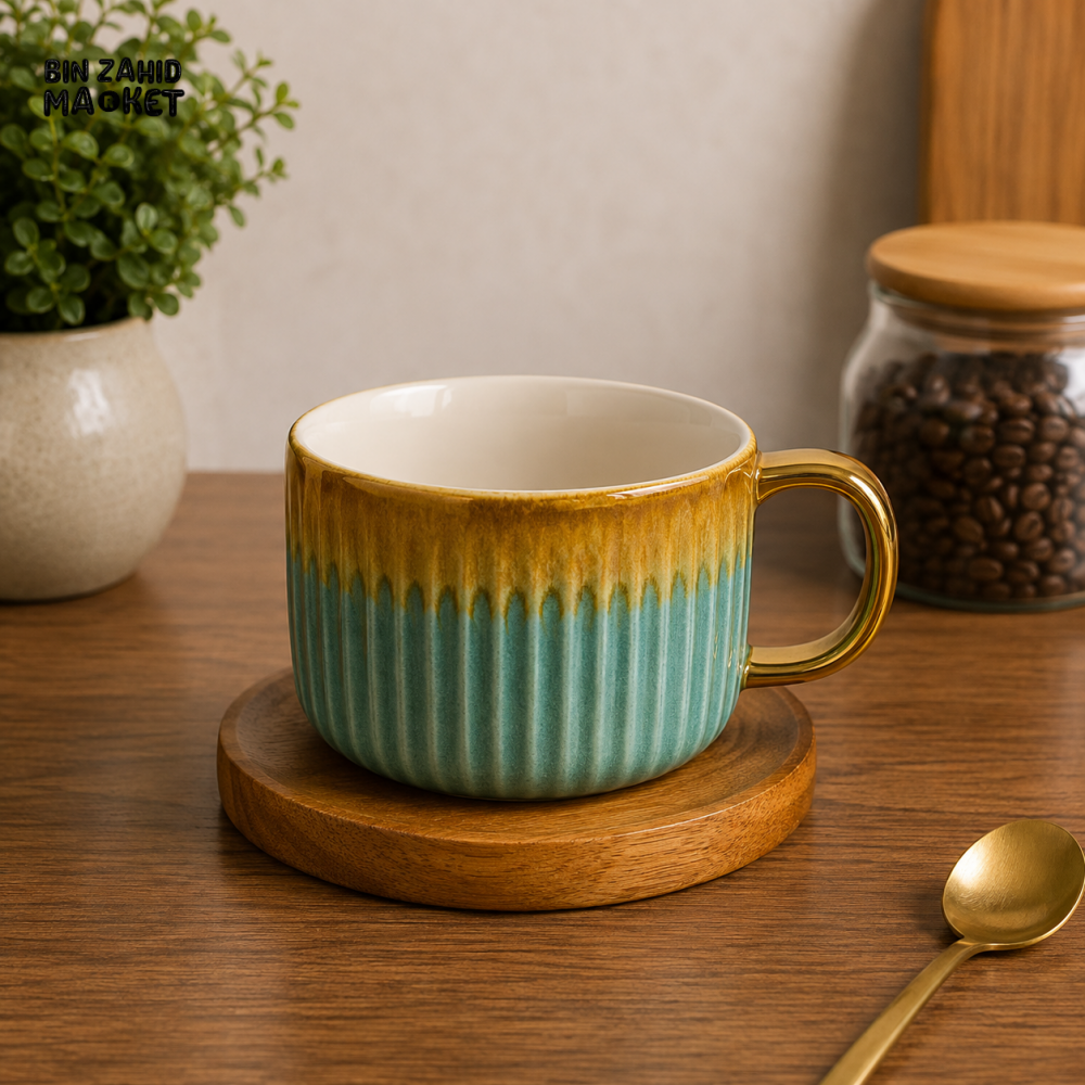 STONE CUP WITH WOODEN SAUCER SET - 6 PIECE - Cups & Saucers