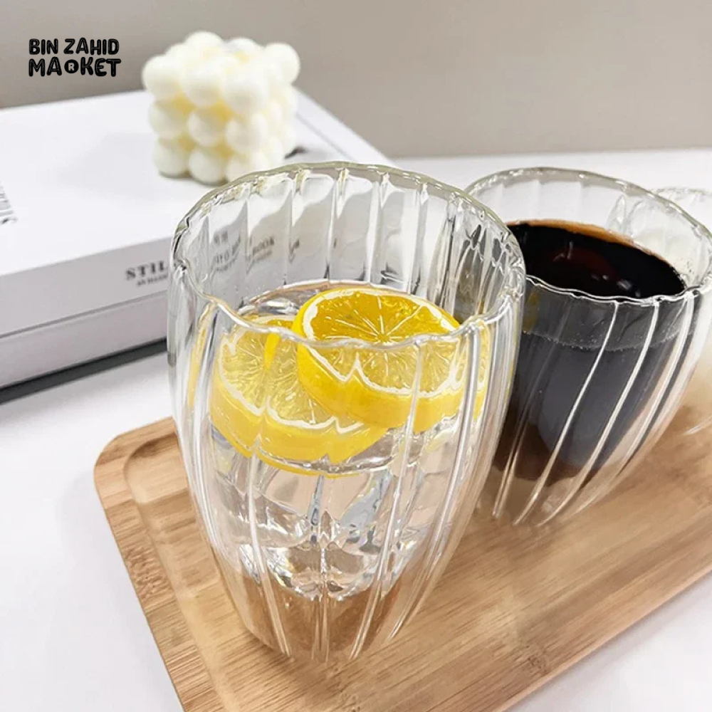 STRIPE DOUBLE WALL BOROSILICATE GLASS MUG 350ML – HEAT RESISTANT FOR TEA COFFEE JUICE