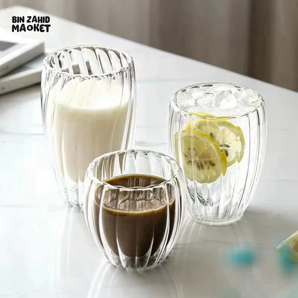 STRIPE DOUBLE WALL BOROSILICATE GLASS MUG 350ML – HEAT RESISTANT FOR TEA COFFEE JUICE