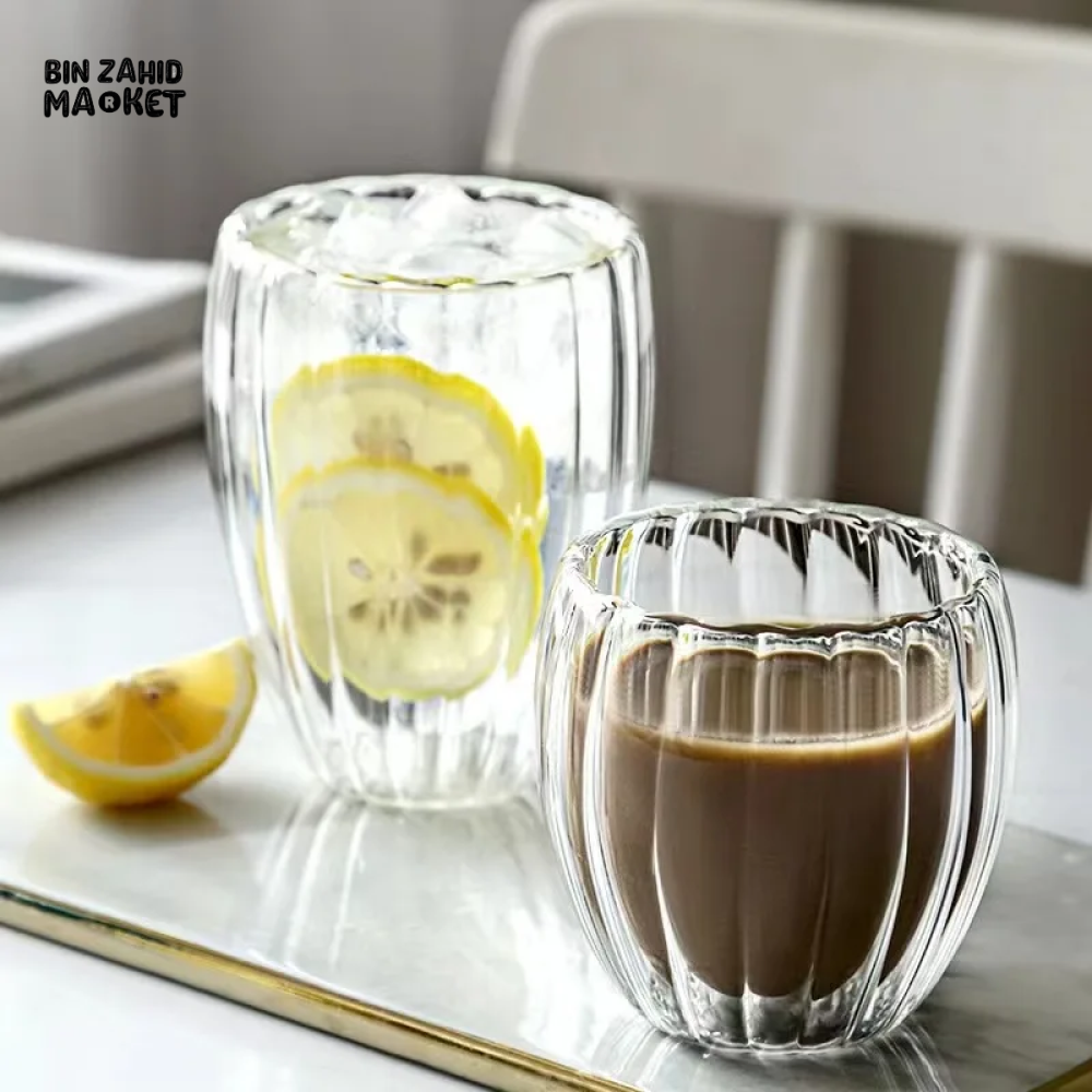 STRIPE DOUBLE WALL BOROSILICATE GLASS MUG 350ML – HEAT RESISTANT FOR TEA COFFEE JUICE