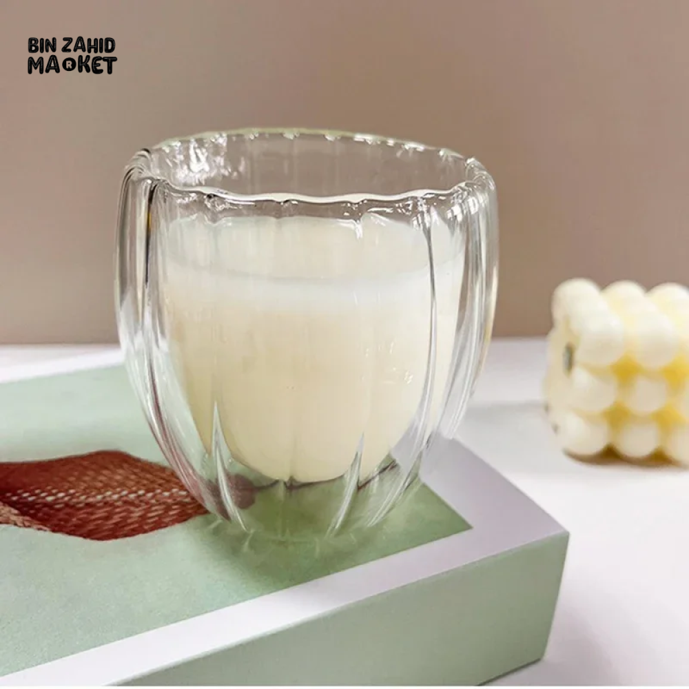 STRIPE DOUBLE WALL BOROSILICATE GLASS MUG 350ML – HEAT RESISTANT FOR TEA COFFEE JUICE