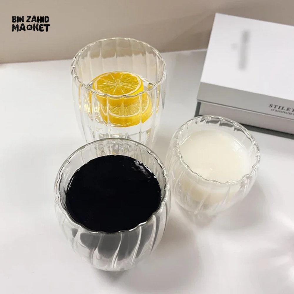 STRIPE DOUBLE WALL BOROSILICATE GLASS MUG 350ML – HEAT RESISTANT FOR TEA COFFEE JUICE
