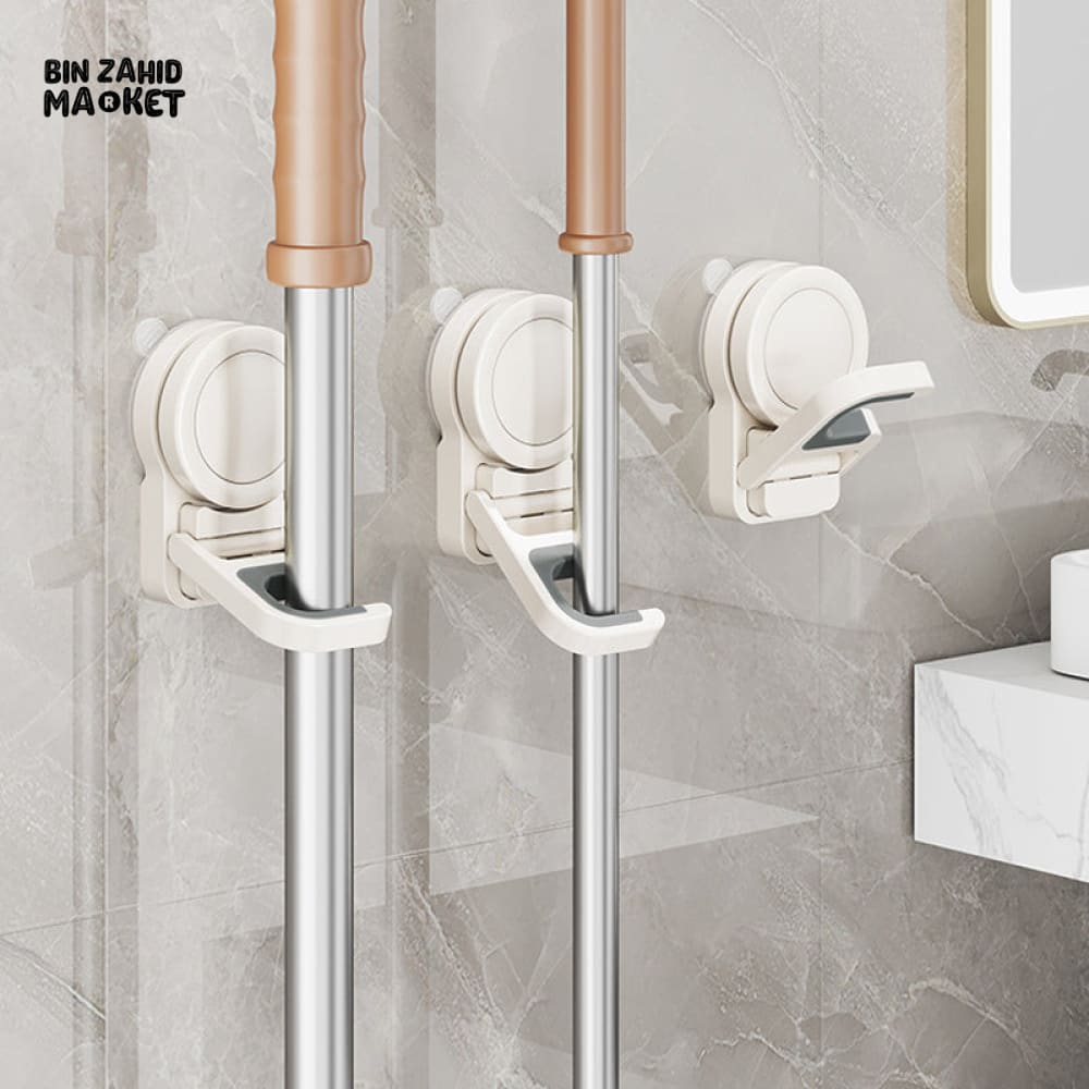 SUCTION CUP MOP HOLDER – WATERPROOF WALL MOUNT CLIP RACK FOR BROOM BRUSH & CLEANING TOOLS KITCHEN & BATHROOM STORAGE ORGANIZER