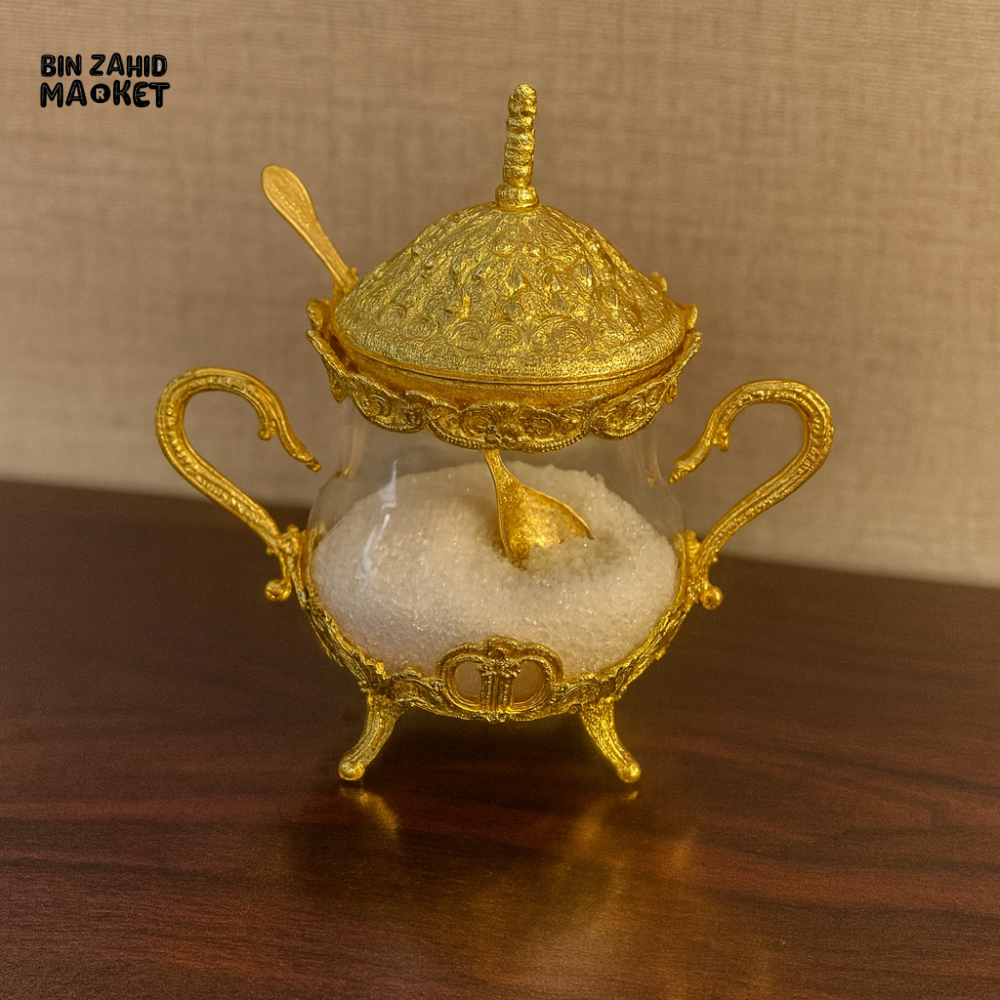 SUGAR POT WITH LID AND SPOON – ELEGANT TABLETOP CONTAINER - GOLDEN JWG-039