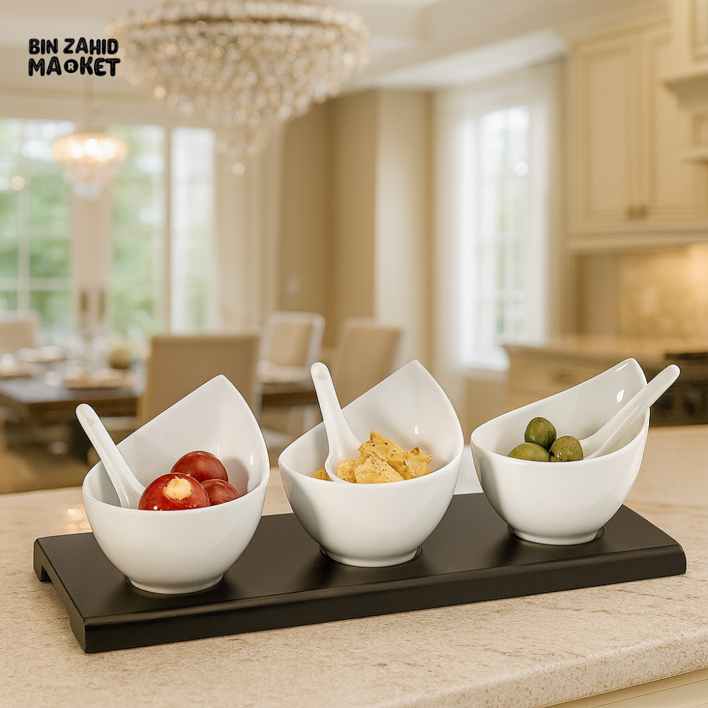 SYMPHONY 7 PIECE CERAMIC APPETIZER BOWLS WITH SPOONS AND TRAY – ELEGANT SERVING SET FOR SNACKS SAUCES AND DIPS ’SY4388