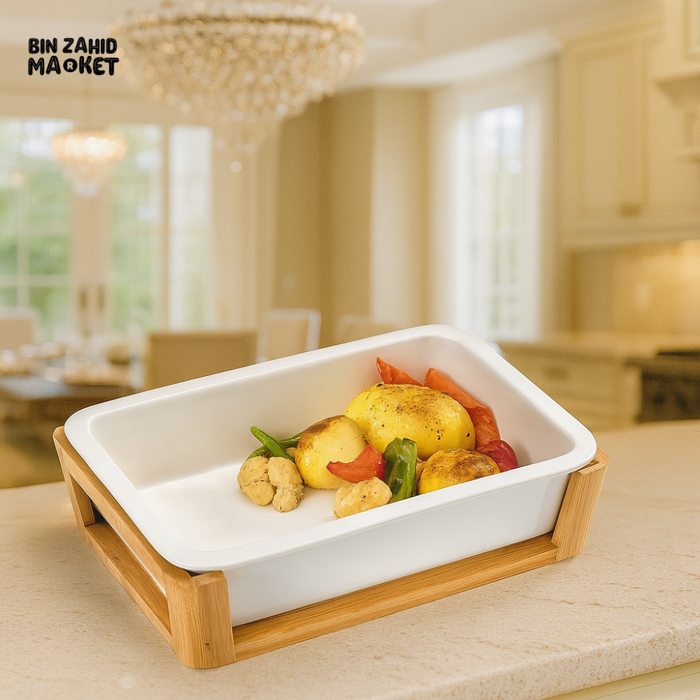 SYMPHONY RECTANGULAR CERAMIC BAKING DISH WITH BAMBOO HOLDER – ELEGANT SERVING TRAY FOR OVEN TO TABLE VEGETABLES AND