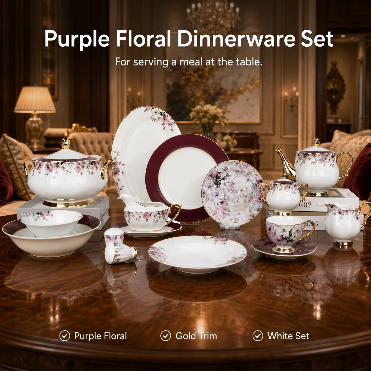 Johnson Bros Inspired Purple Floral Patterns Maroon Borders & Gold Trims Bone China Dinner Set