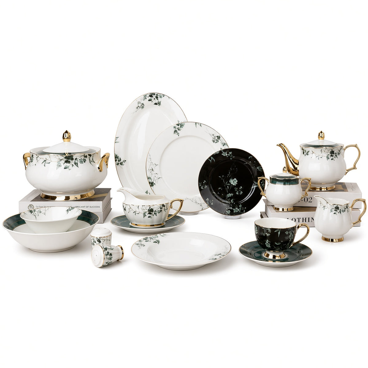 Johnson Bros Inspired Green Black Floral Patterns & Gold Trims Bone China Dinner Set