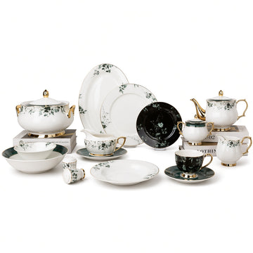 Johnson Bros Inspired Green Black Floral Patterns & Gold Trims Bone China Dinner Set