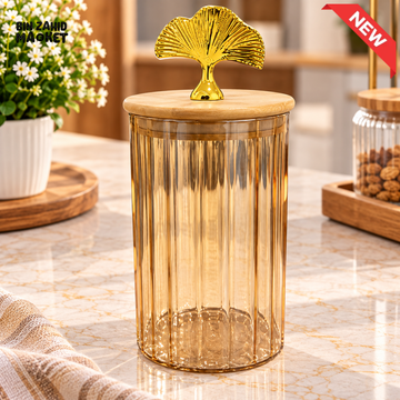 TALL RIBBED GLASS STORAGE JAR WITH WOODEN LID AND GOLD LEAF HANDLE - MEDIUM - Storage Jars & Canisters