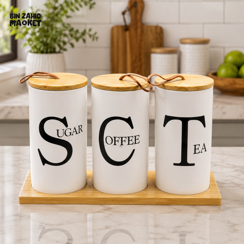TEA COFFEE & SUGAR CANISTER SET WITH BAMBOO TRAY - 3 PIECE SET
