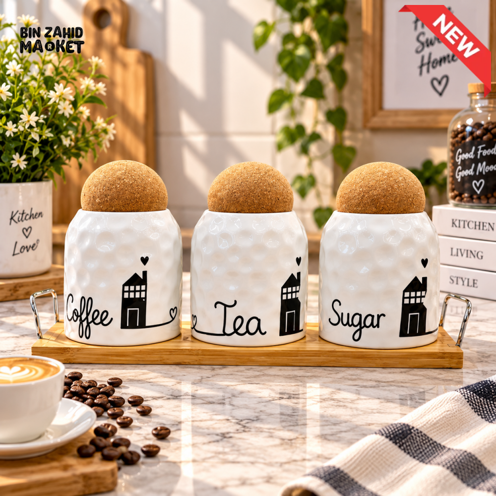 TEA COFFEE SUGAR CERAMIC STORAGE JAR SET WITH CORK LIDS