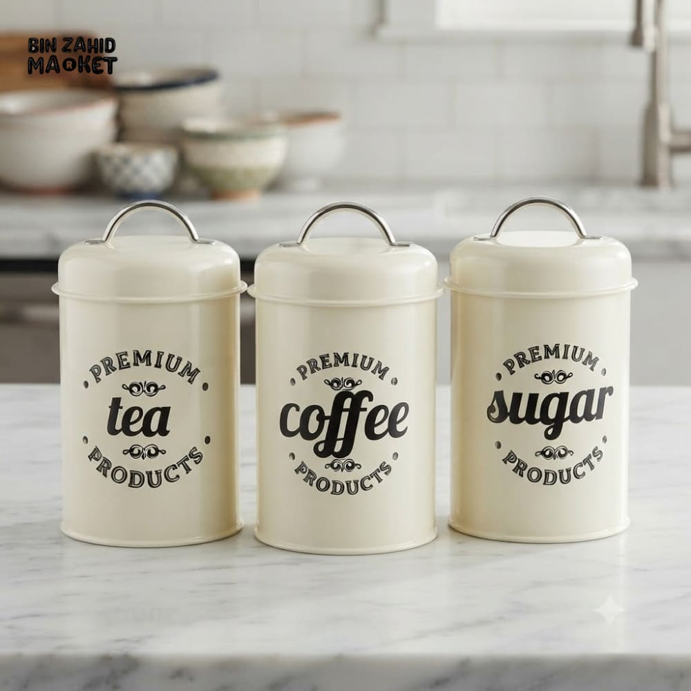 TEA COFFEE & SUGAR STORAGE CANISTER SET - 3 PCS SET - CREAM