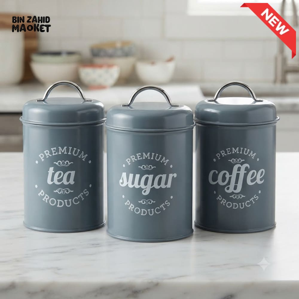 TEA COFFEE & SUGAR STORAGE CANISTER SET - 3 PCS SET - GRAY