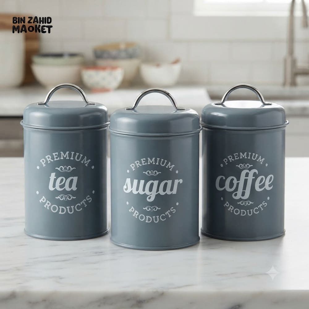 TEA COFFEE & SUGAR STORAGE CANISTER SET - 3 PCS SET - GRAY