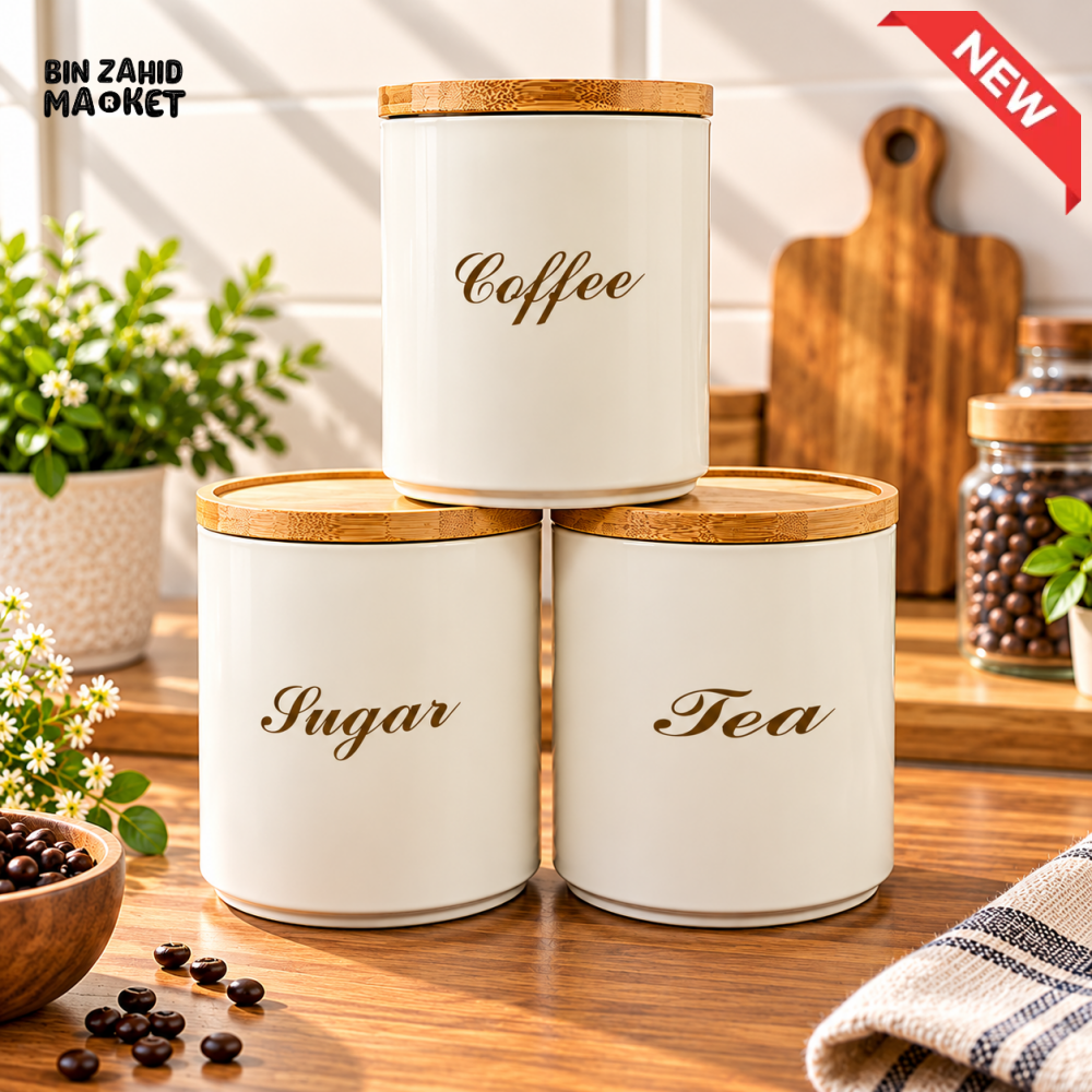 TEA COFFEE SUGAR STORAGE CANISTERS SET WITH BAMBOO LIDS
