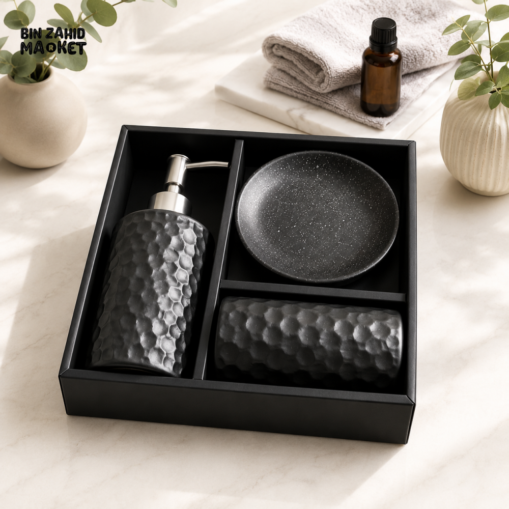 TEXTURED CERAMIC BATHROOM ACCESSORY SET