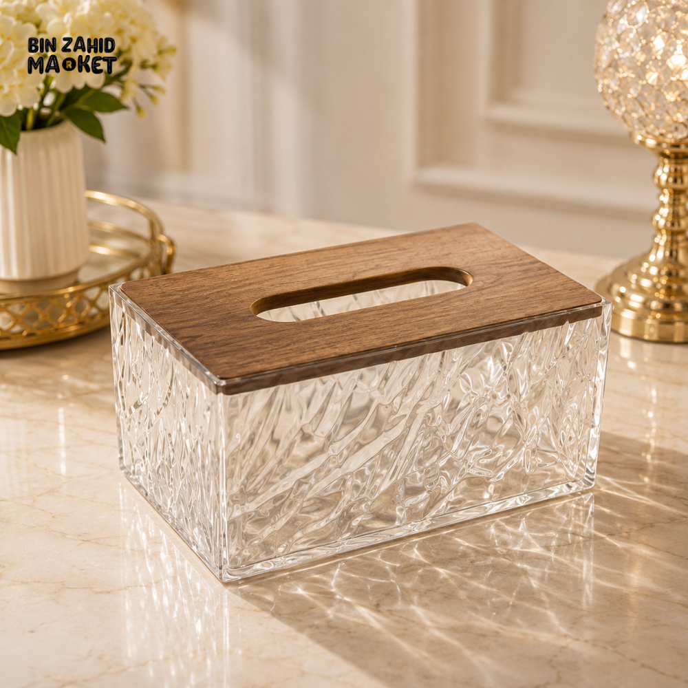 TEXTURED CLEAR TISSUE BOX WITH WOODEN LID