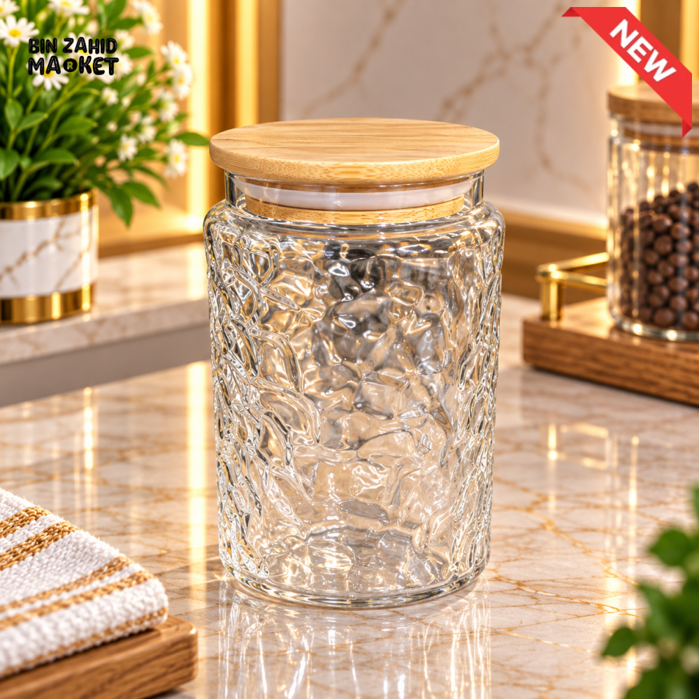 TEXTURED GLASS STORAGE JAR WITH BAMBOO LID - Storage Jars & Canisters