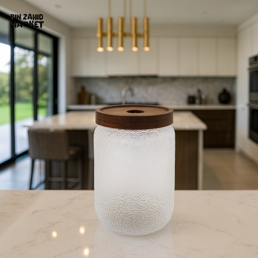 TEXTURED GLASS STORAGE JAR WITH WOODEN LID 500ML BG45037