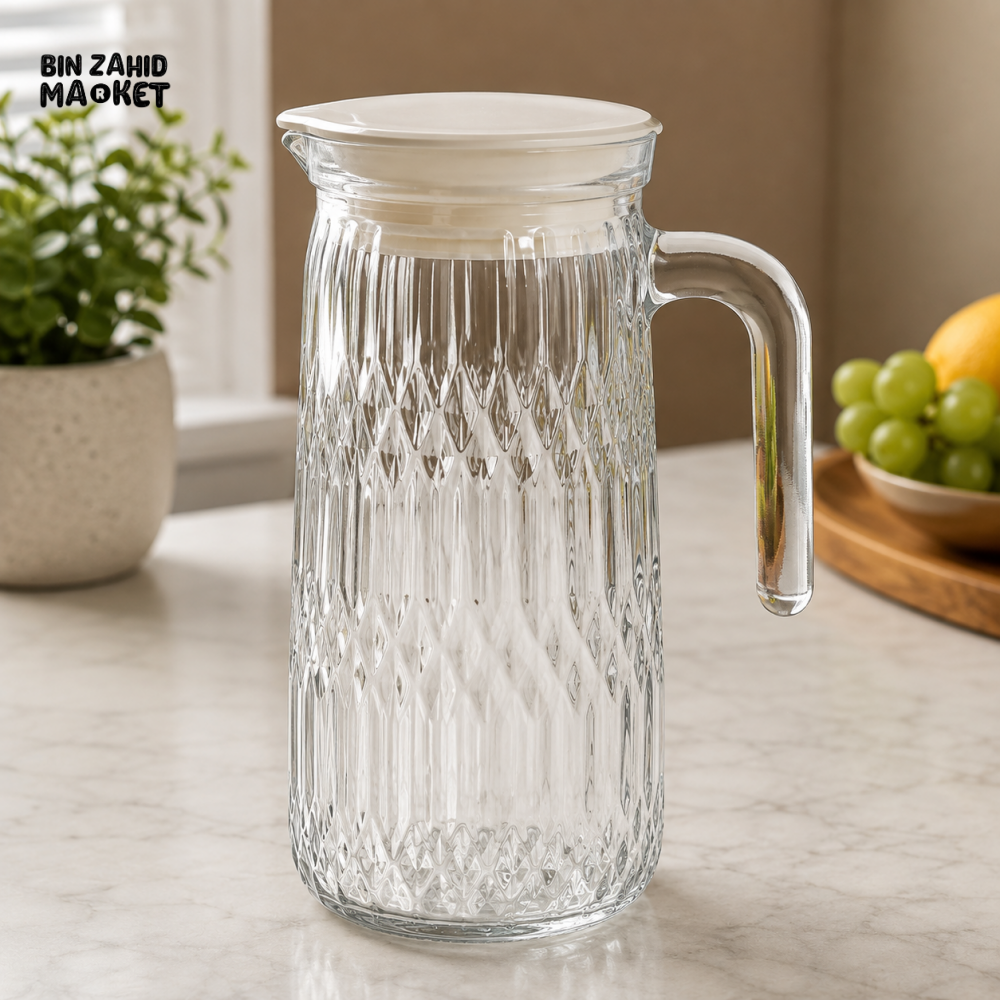 TEXTURED GLASS WATER PITCHER WITH LID AND HANDLE