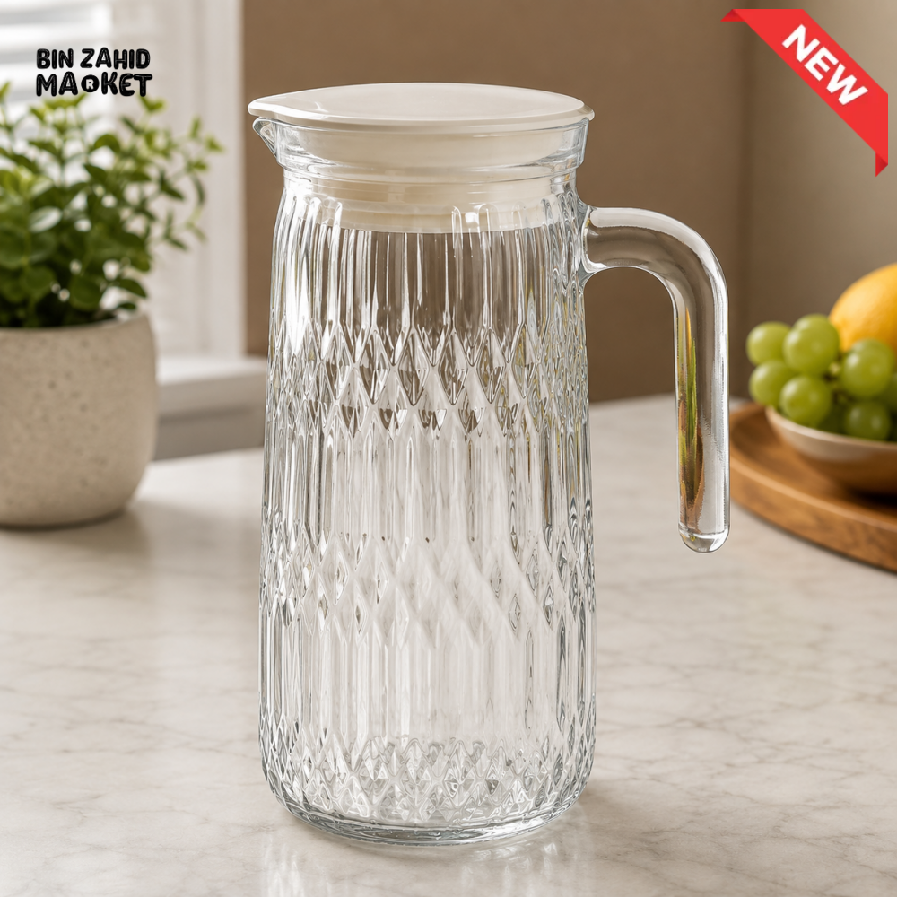 TEXTURED GLASS WATER PITCHER WITH LID AND HANDLE