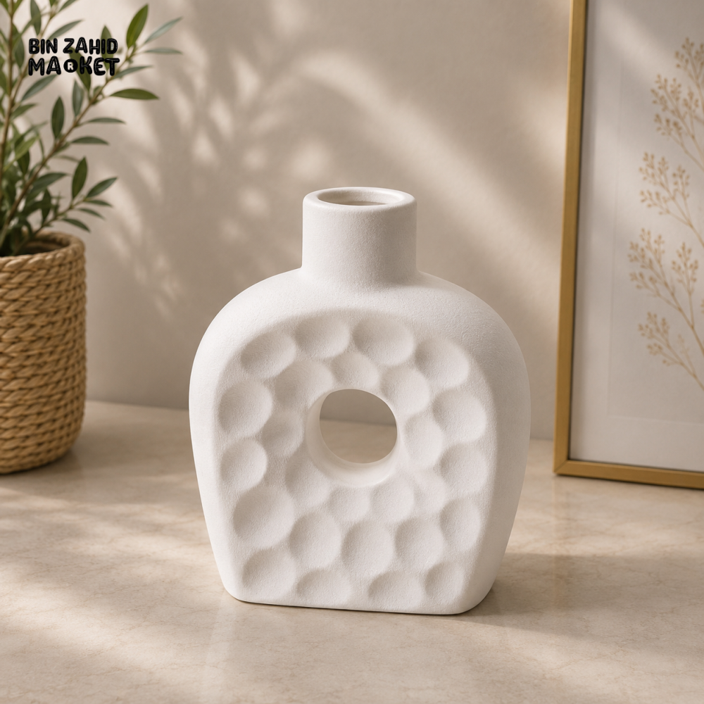 TEXTURED HOLLOW ROUND CERAMIC DECORATIVE VASE