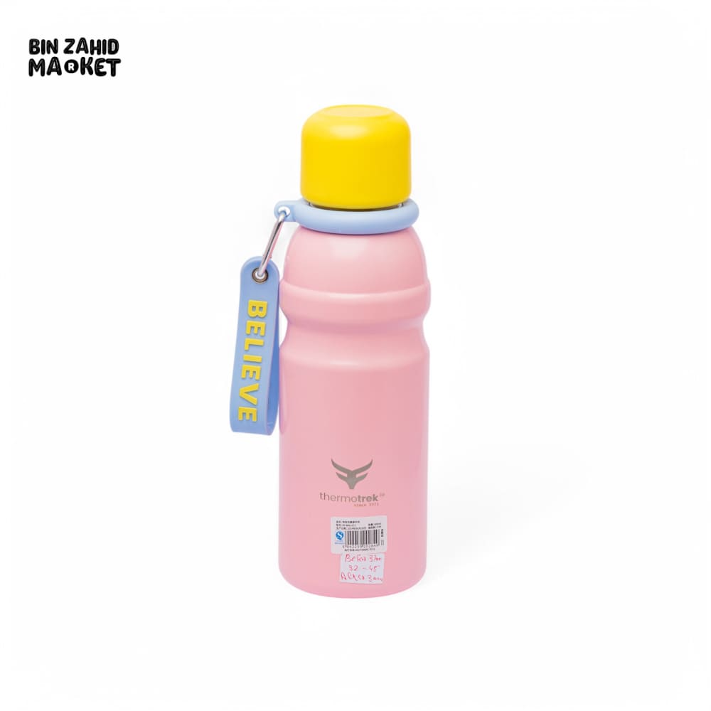 THERMOTREK STAINLESS STEEL INSULATED WATER BOTTLE WITH SCREW-ON CAP - 20-3 OZ 600ML PINK/YELLOW CUP