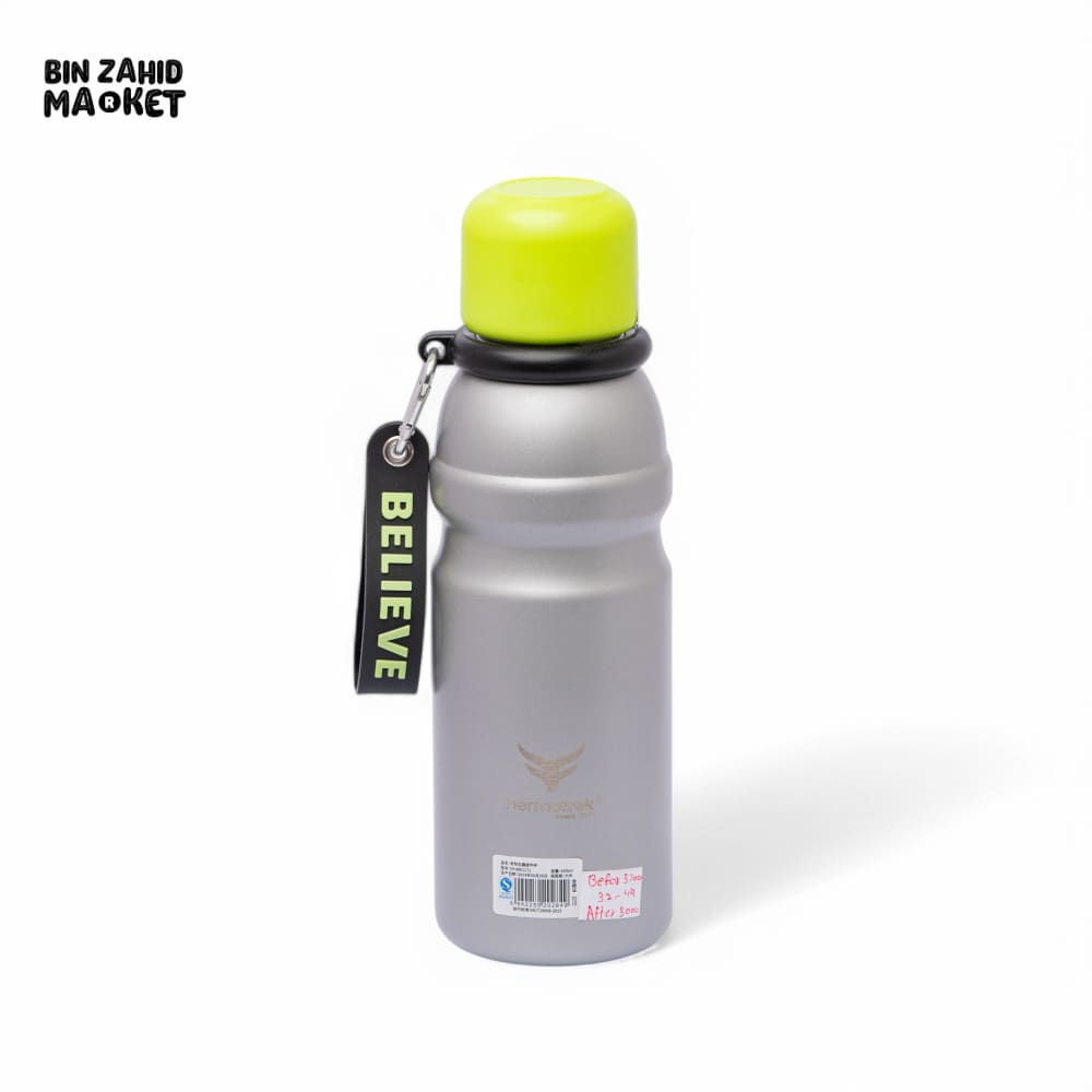 THERMOTREK STAINLESS STEEL INSULATED WATER BOTTLE WITH SCREW-ON CAP - 20-3 OZ 600ML SILVER/GREEN CUP