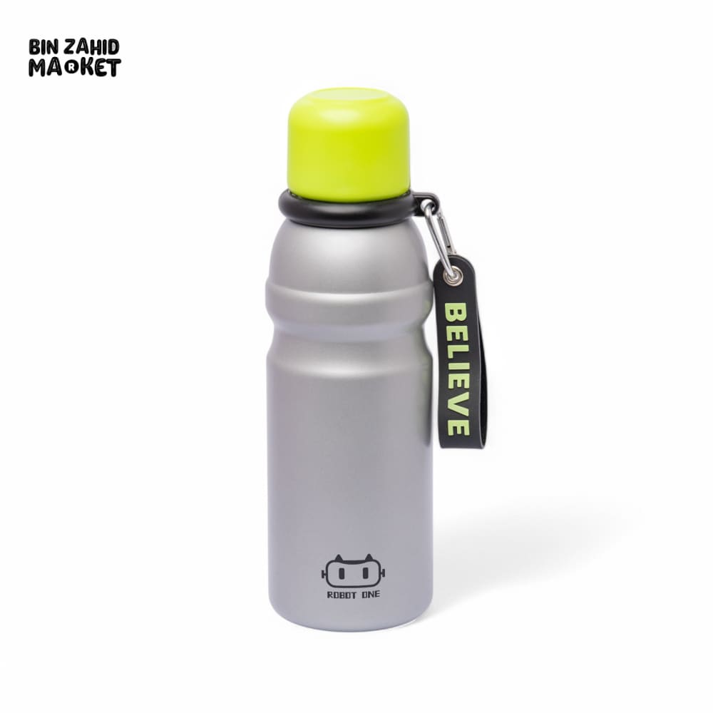 THERMOTREK STAINLESS STEEL INSULATED WATER BOTTLE WITH SCREW-ON CAP - 20-3 OZ 600ML SILVER/GREEN CUP