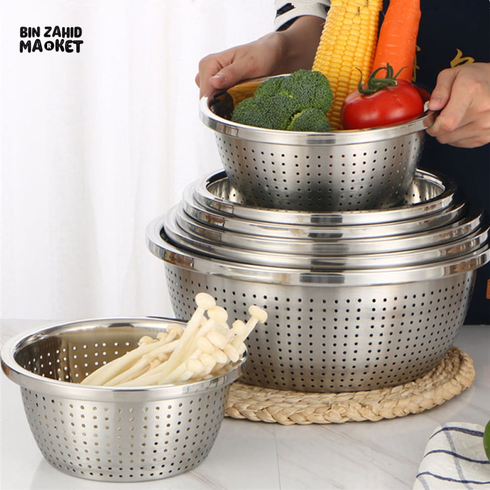 THICKEN STAINLESS STEEL DRAIN BASIN VEGETABLE FRUIT COLANDER RICE SIEVE KITCHEN ACCESSORY