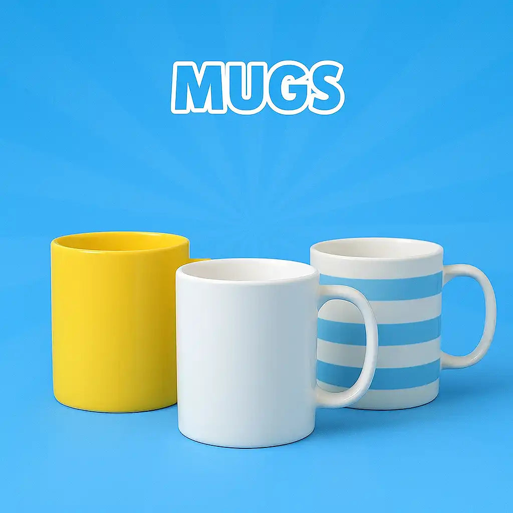 Three ceramic mugs in yellow, white, and blue and white stripes