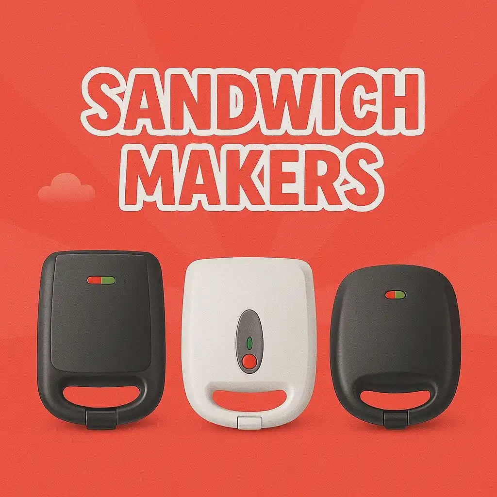 Three countertop electric sandwich makers in black and white.