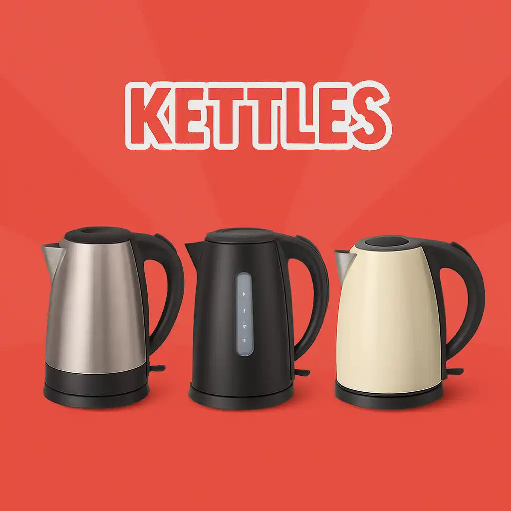 Three electric kettles in silver, black, and cream colors.