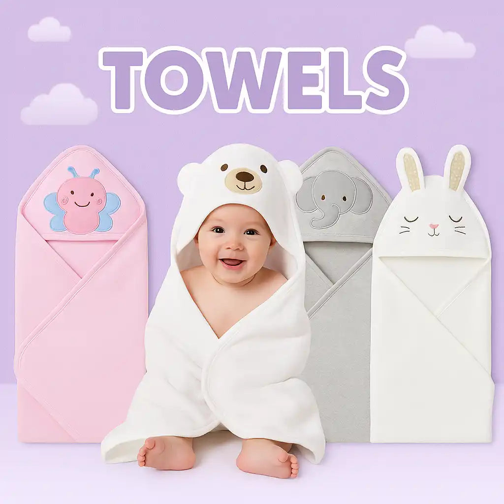 Three hooded baby towels with animal designs.