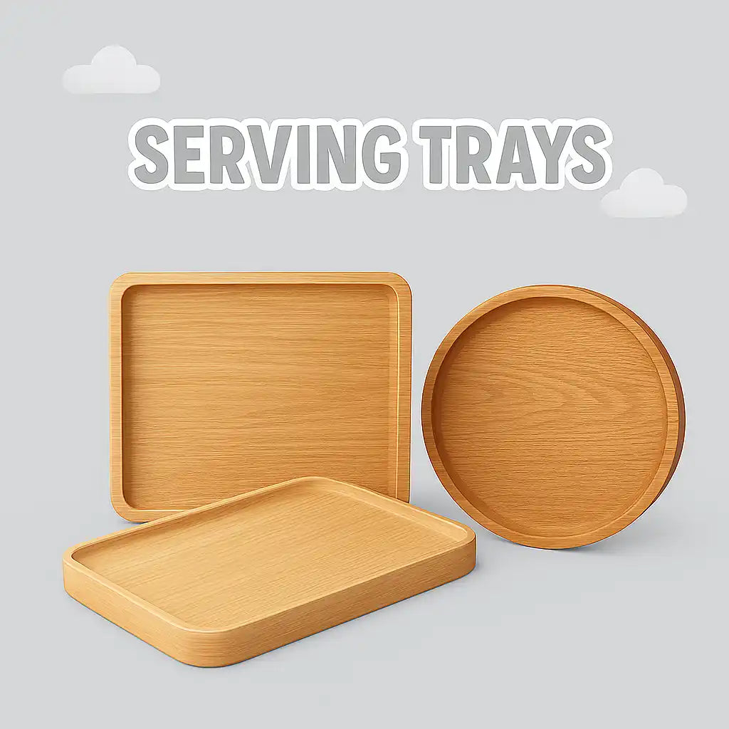 Three light-colored wooden serving trays, one rectangular, one square, and one round.
