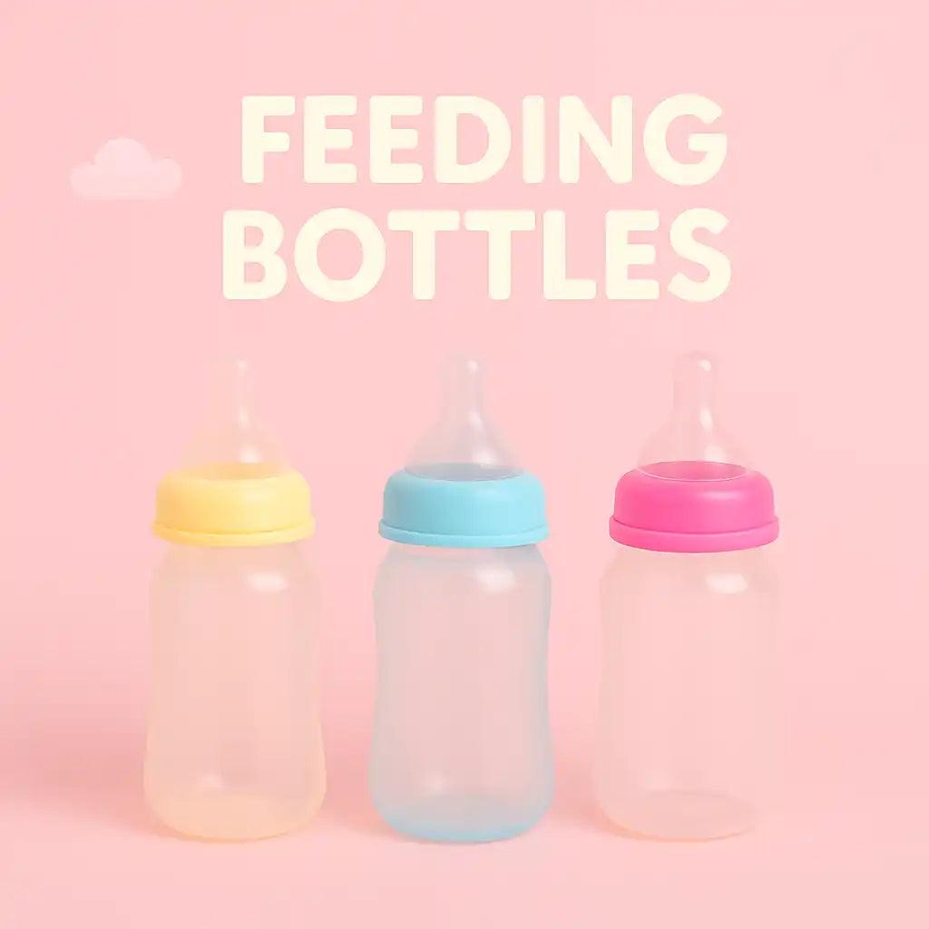 Three translucent baby feeding bottles with colorful caps.