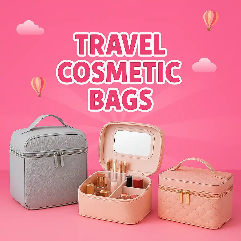 Three travel cosmetic bags, one grey and two pink, with handles and zippers, one open to reveal compartments and a mirror.