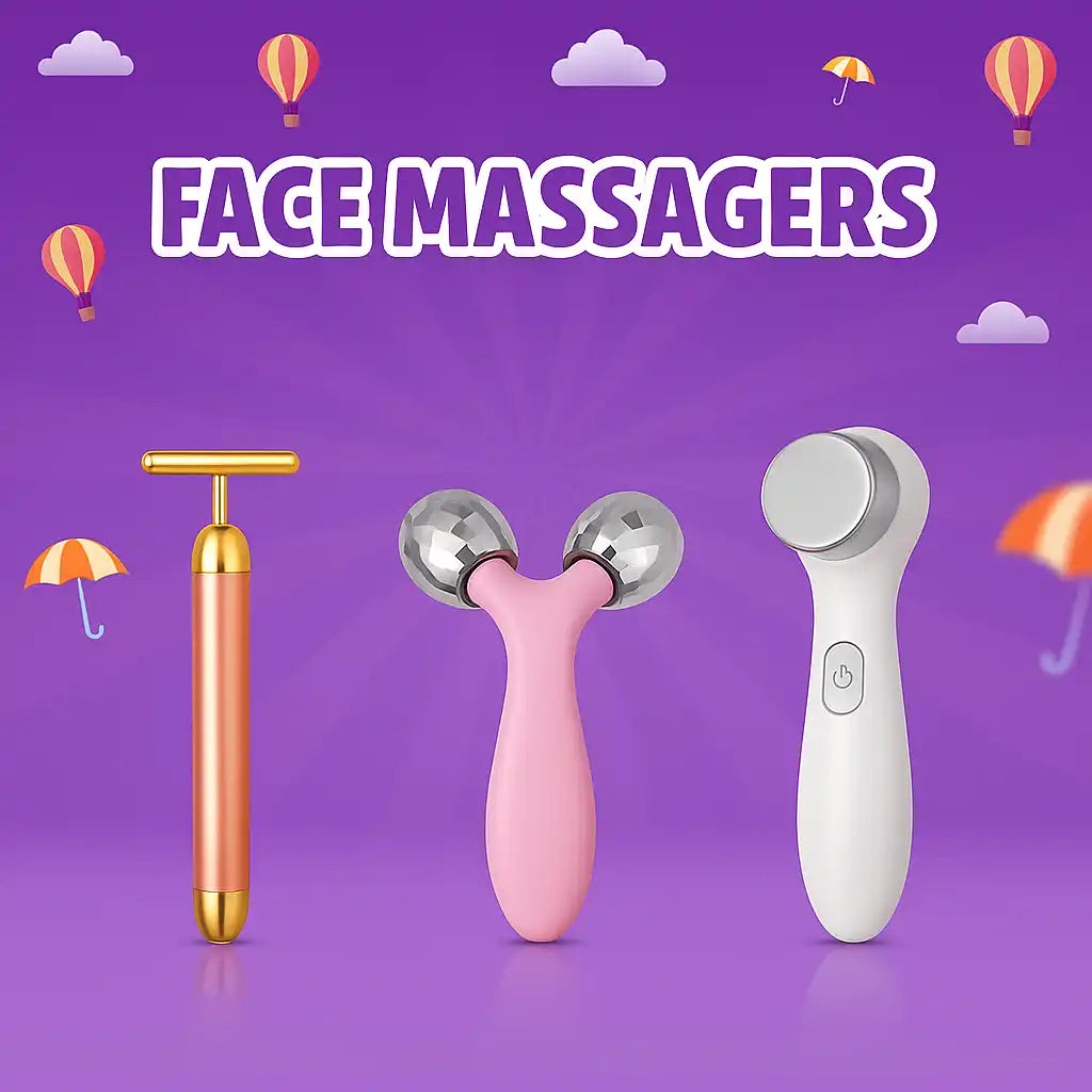 Three types of face massagers, including a T-bar, a Y-shaped roller, and an electronic device.
