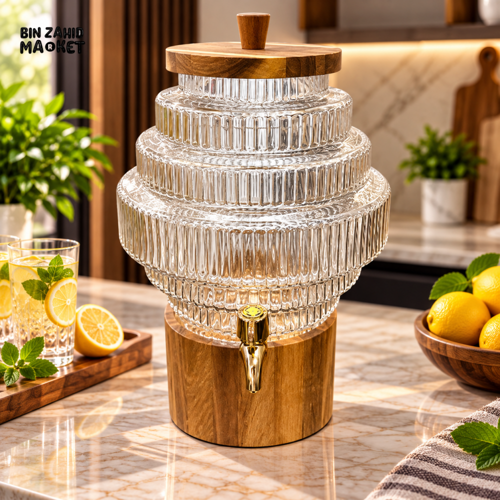 TIERED RIBBED GLASS BEVERAGE DISPENSER WITH TAP & WOODEN LID - 5 LITERS
