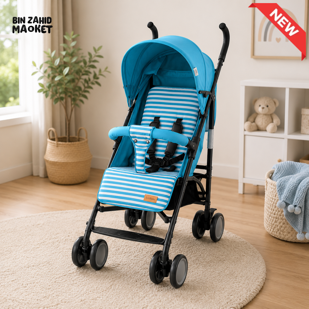TINNIES BABY BUGGY STROLLER – GREEN STRIPED LIGHTWEIGHT & FOLDABLE BABY PRAM