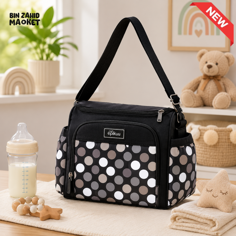 Baby Diaper Bag - Black Polka Dot Printed
