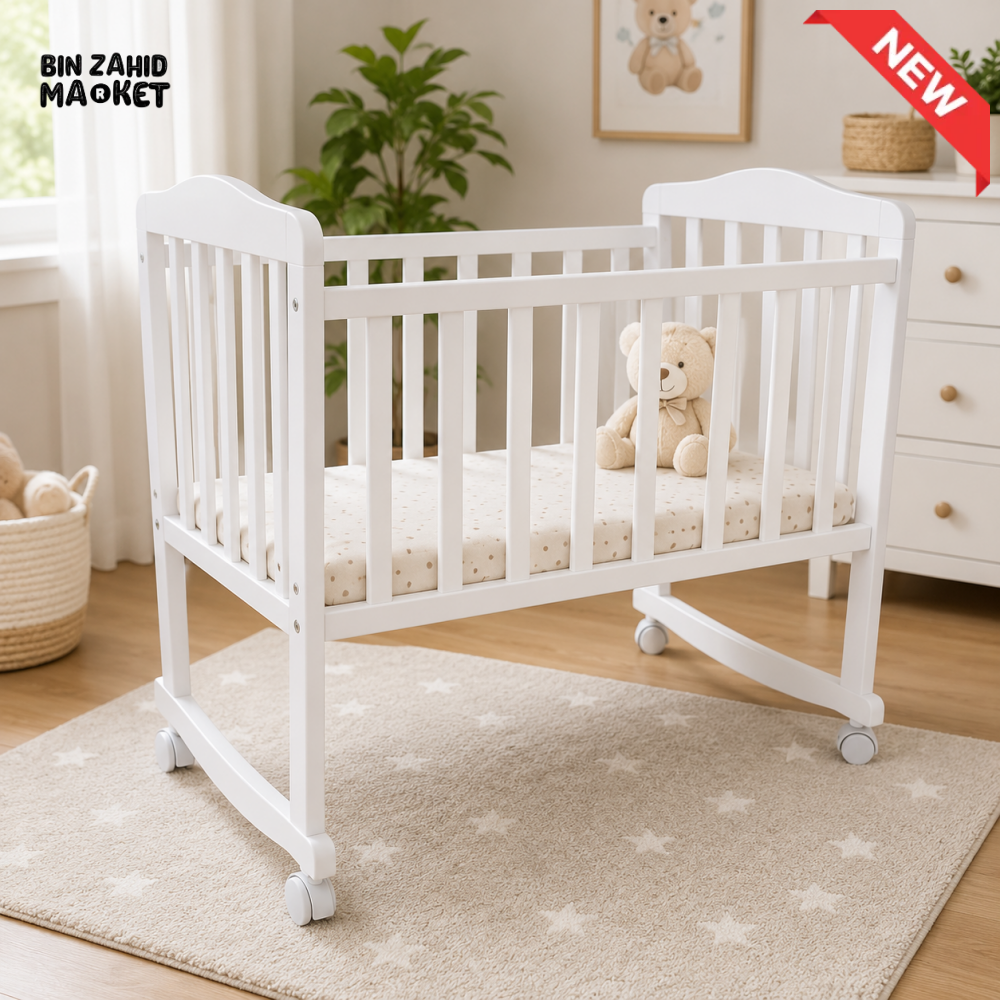 TINNIES BABY WOODEN CRIB – WHITE FINISH WITH ROCKING & WHEELS