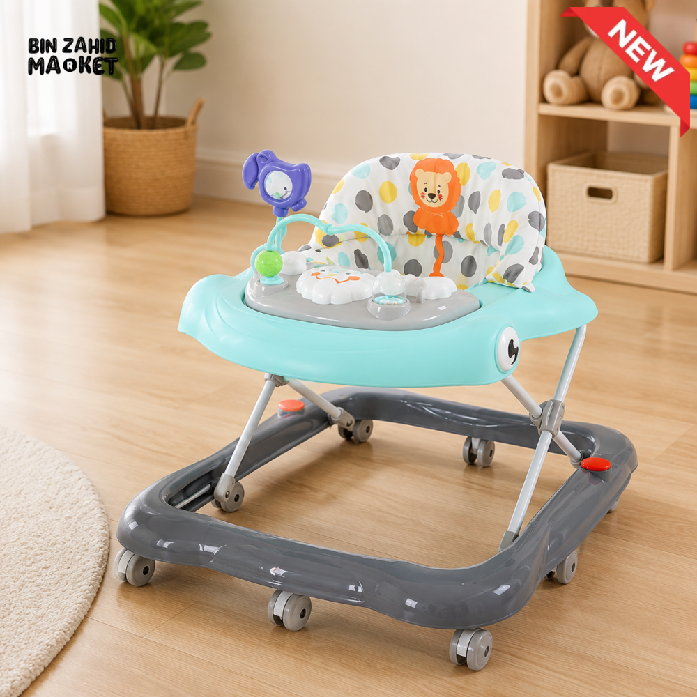 TINNIES BLUE BABY WALKER – PADDED SEAT & TOY TRAY