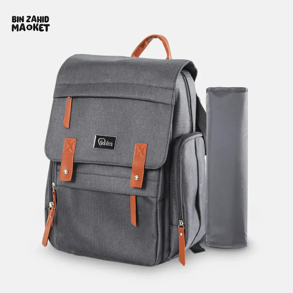 TINNIES GREY DIAPER BAG BACKPACK – LARGE CAPACITY WATERPROOF & TRAVEL FRIENDL