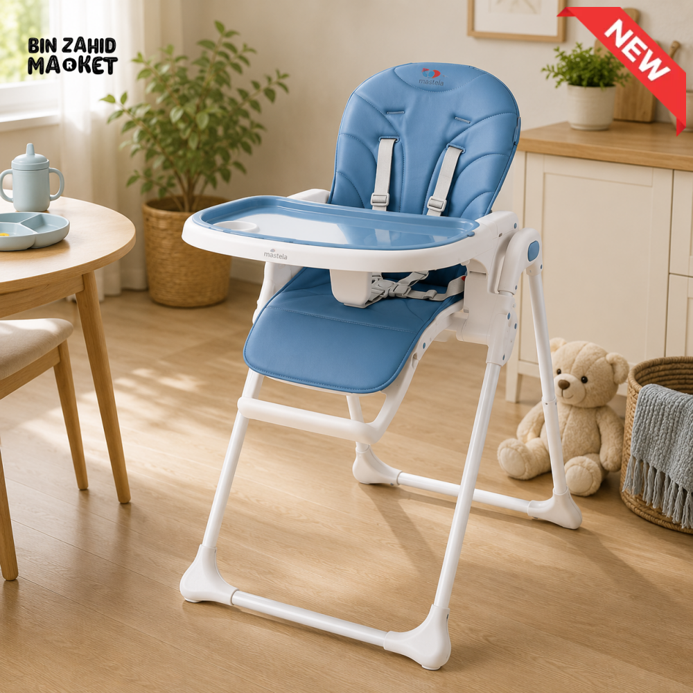 TINNIES PREMIUM BLUE ADJUSTABLE BABY HIGH CHAIR WITH RECLINE HEIGHT CONTROL & SAFETY HARNESS